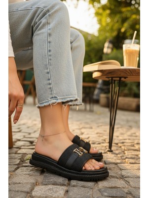 Enoch Kadın Ortopedik Tabanlı Gold Metal Aksesuar Detaylı Hasır Örgü Bantlı Terlik