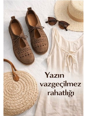 papucumun dünyası Yazlık Geometrik Desenli  Bağcık Detaylı Acı Kahve  Kadın Babet