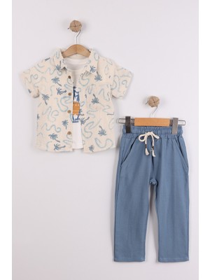Joy Kids Erkek Çocuk Palmiye Baskılı Müslin&keten Takım (1-4yaş) (Mavi)