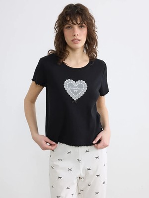 LC Waikiki Lcw Dream Ekru Bisiklet Yaka Baskılı Kadın Pijama Takım