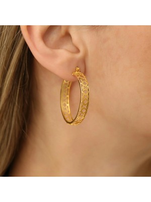 Nox Jewelry 14 Ayar Altın Kaplama Geometrik Desenli Kalın Halka Gümüş Küpe – Modern Tasarım