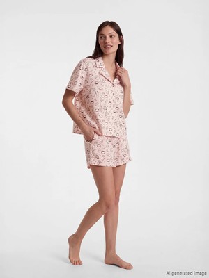 LC Waikiki Lcw Dream Pembe Gömlek Yaka Desenli Kadın Şortlu Pijama Takımı