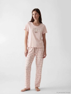 LC Waikiki Lcw Dream Pembe Bisiklet Yaka Baskılı Kadın Pijama Takım