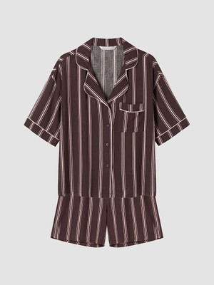 LC Waikiki Lcw Dream Kahverengi Gömlek Yaka Çizgili Kadın Şortlu Pijama Takımı