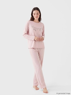 LC Waikiki Lcw Dream Pembe Bisiklet Yaka Baskılı Kadın Pijama Takımı