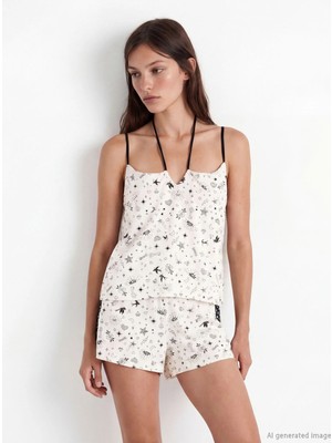 LC Waikiki Lcw Dream Ekru Desenli Ip Askılı Kadın Şortlu Pijama Takımı