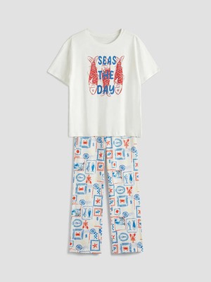 LC Waikiki Lcw Dream Ekru Bisiklet Yaka Baskılı Kadın Pijama Takım