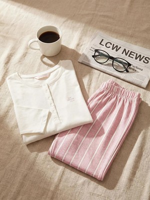 LC Waikiki Lcw Dream Pembe Bisiklet Yaka Çizgili Kadın Pijama Takım