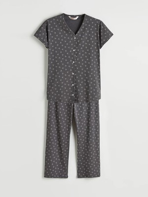 LC Waikiki Lcw Dream Gri V Yaka Fiyonk Baskılı Hamile Pijama Takımı