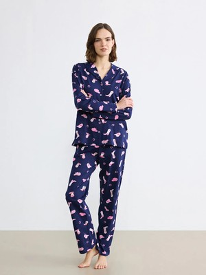 LC Waikiki Lcw Young Lacivert Gömlek Yaka Baskılı Kadın Pijama Takım