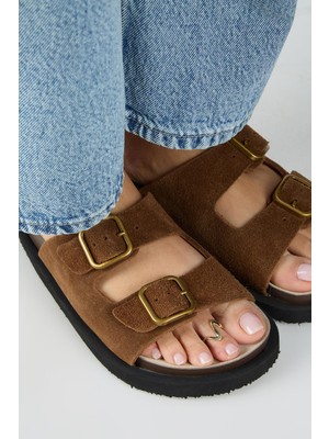 Manijero Sevalli Kadın Deri Hakiki Deri Çift Tokalı Taba Terlik