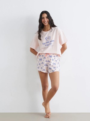 LC Waikiki Lcw Dream Pembe Bisiklet Yaka Baskılı Kadın Şortlu Pijama Takımı