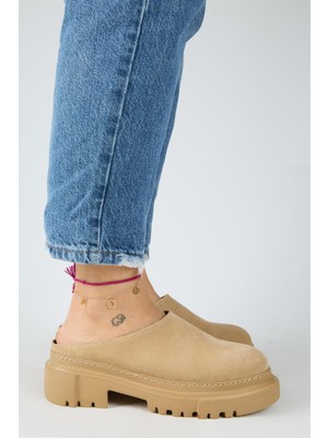 Manijero Bianca Kadın Deri Hakiki Deri Düz Sabo Kum Terlik