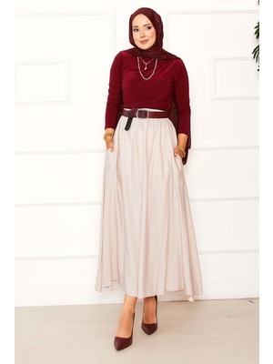 Kç Beli Lastikli Cep Detaylı Etek Bej