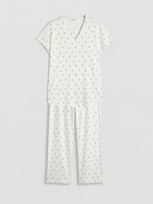 LC Waikiki Lcw Dream Ekru V Yaka Kiraz Baskılı Hamile Pijama Takımı