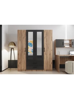 Vivense Latre 4 Kapaklı Gardırop , 2 Çekmeceli, Aynalı