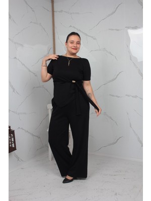 Truva Xxl Toka Detaylı Siyah Bluz Pantolon Takımı Likralı Bol Paça