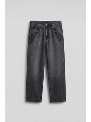 Abluka Online Erkek Baggy Nakış Detaylı Jean Pantolon Koyu Gri