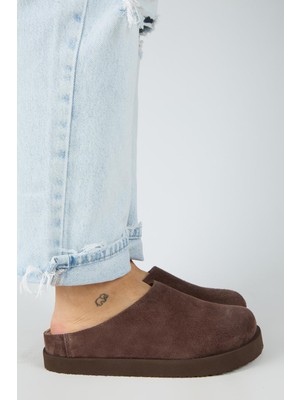 Manijero (Jana) Kadın Hakiki Deri Düz Platform Kahve Terlik