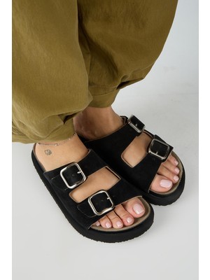 Manijero Sevalli Kadın Deri Hakiki Deri Çift Tokalı Siyah Terlik