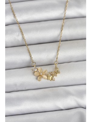 TKÇ Ietaks™ 316L Çelik Zincir Gold Renk Çiçek ve Kelebek Model Kadın Kolye