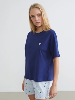 LC Waikiki Lcw Dream Mavi Kalp Nakışlı Kadın Şortlu Pijama Takımı