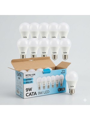 Cata 9W LED Ampul 10'lu Paket Beyaz Işık 6500K E27 Duy Tasarruflu LED Ampül