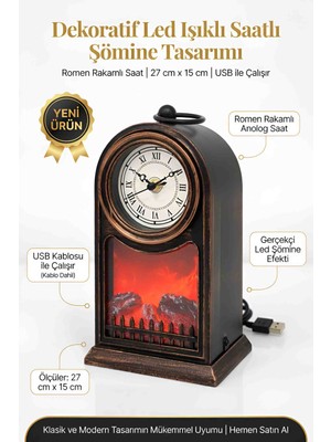 Wolawood Alev Efektli Modern & Fonksiyonel Roma Saatli Şömine – USB Bağlantılı Led’li Ambiyans Dekor Masaüstü, Askılı Hediyelik Eşya Özel Seri