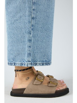 Manijero Sevalli Kadın Deri Hakiki Deri Çift Tokalı Vizon Terlik