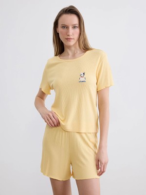 LC Waikiki Lcw Dream Turuncu Bisiklet Yaka Nakışlı Kadın Şortlu Pijama Takımı
