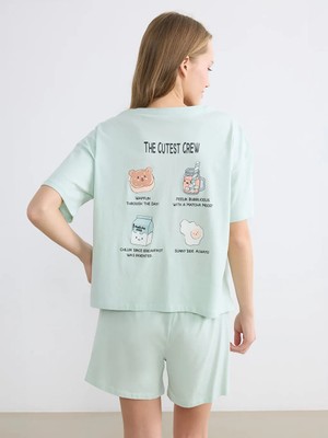 LC Waikiki Lcw Young Turkuaz Bisiklet Yaka Baskılı Kadın Şortlu Pijama Takımı