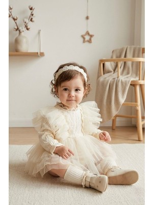 Miniğimin Cicileri Princess Tül Katmanlı Dantel Detaylı Kız Bebek Romper - Ekru