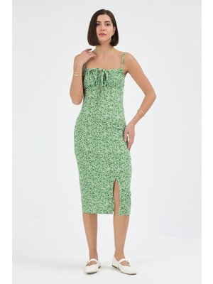 Segnante Kadın Yeşil Çiçekli Kadın Yırtmaçlı Elbise