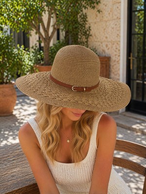 Aydın Şapkacınız Premium Hasır Kemer Detaylı Kadın Şapka – Geniş Kenarlı Yazlık Şık Plaj & Günlük