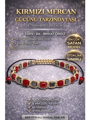 Erilsa Sertifikalı Kırmızı Mercan Bileklik - 5 mm Küp Kesim Terahertz Doğal Taş Minimal Ayarlanabilir