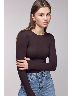 Saade Kahverengi Kadın Bisiklet Yaka Parmak Geçmeli Uzun Kollu Body/bluz