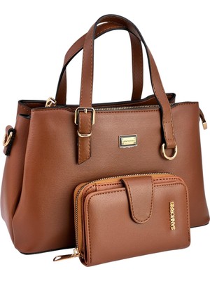 Sanmorris Kadın Suni Deri Gold Tokalı El ve Omuz Çantası