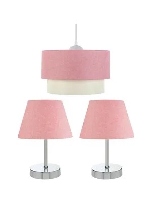 Vivense Evlight 3'lü Set Avize ve Komodin Üstü Krom Abajur / Pembe