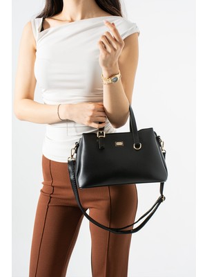 Sanmorris Kadın Suni Deri Gold Tokalı El ve Omuz Çantası