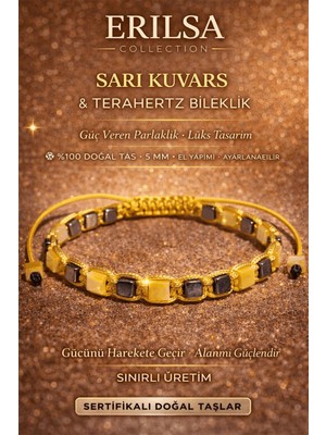 Erilsa Sertifikalı Sarı Kuvars Taşı Bileklik - 5 mm Küp Kesim Terahertz Doğal Taş Ayarlanabilir