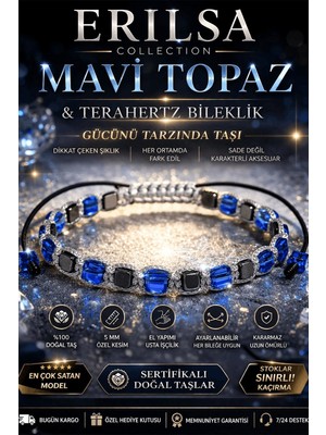 Erilsa Sertifikal Mavi Topaz Taşı Bileklik - 5 mm Küp Kesim Terahertz Doğal Taş Ayarlanabilir