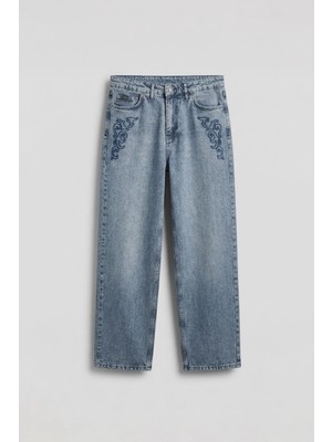 Abluka Online Erkek Baggy Nakış Detaylı Jean Pantolon Mavi