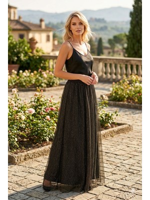 Maxi Boy Dore Sim Geçişli File Kumaş Etek  - Siyah - S - ST00499-DORE-S