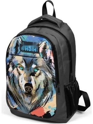 Hakay Siyah Kurt Desenli Üç Bölmeli Sırt Çantası, Erkek Çocuk