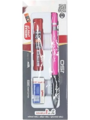 Hakay 3'lü Okul Seti - Kalem, Silgi ve Hediye Min, Pembe