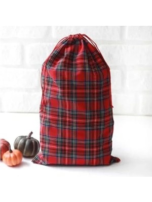 Hakay Kırmızı Ekose Yılbaşı Hediye Kesesi - 25X40 Cm, 10 Adet