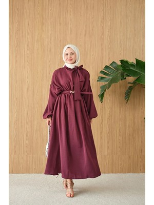 RFK Butik Kadın Kemer Detaylı Yaka Bağlamalı Yeni Sezon Elbise - Mürdüm