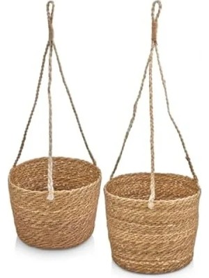 Hakay Doğal Hasır 2'li Asılabilir Saksılık Seti, Yuvarlak Tasarım (23CM x 18CM, 20CM x 15CM)