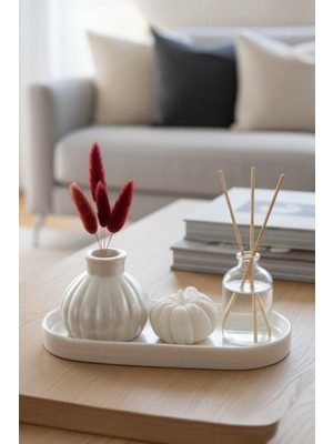 4lü Set Inci Vazo + Balkabağı(Soya Mum) + 50ML Mandalina Oda Kokusu + Oval Tepsi + Bambu + Pamuk Otu