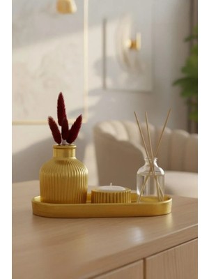 Rivashé 4lü Set Gold Vazo + Mumluk + 50ML Mandalina Oda Kokusu + Oval Tepsi + Bambu + Pamuk Otu